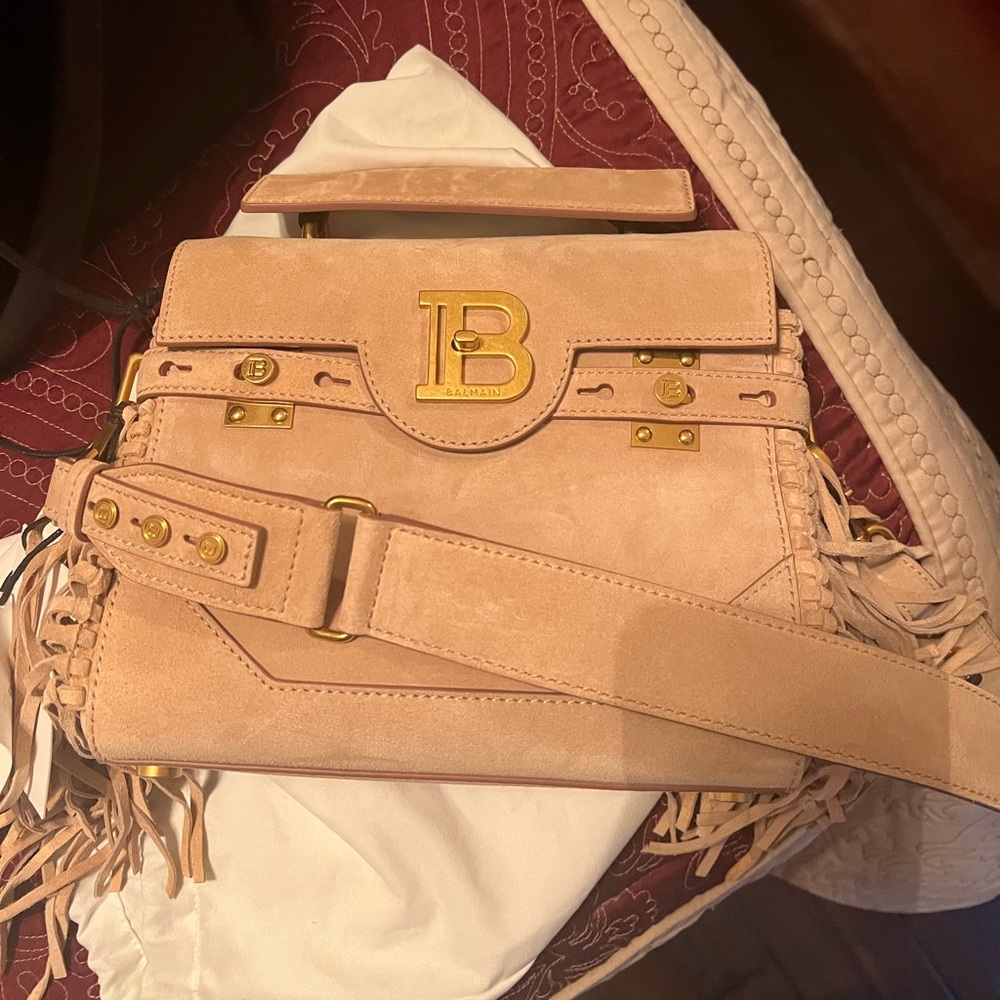 Balmain Beige Suede Fringe Crossbody Bag with Gold Hardware